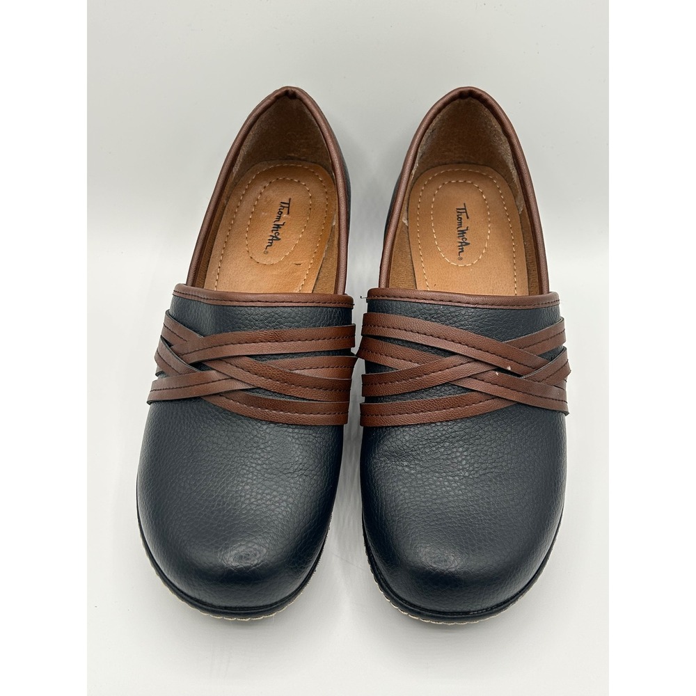 Thom McAn Casper Navy Brown Leather Clogs Block Heel Slip On Shoes Women Size 8M